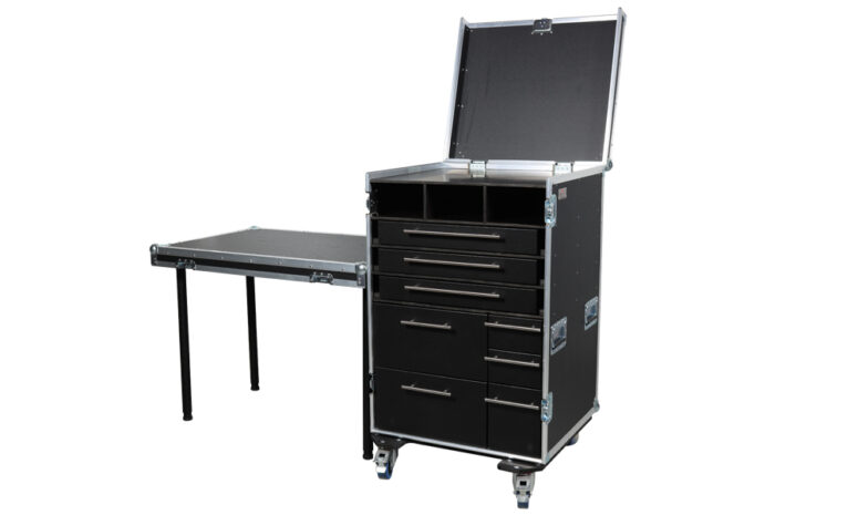 Flightcase mit Schubladen mit abnehmbaren Frontdeckel, der als Arbeittisch verwendet werden kann, Schubladencase nach Maß