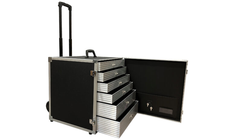Schubladenkoffer mit Trolley und herausnehmbaren Schubladen, Koffer mit 6 Schubladen und Hartschaumauskleidung zur Produktpräsentation