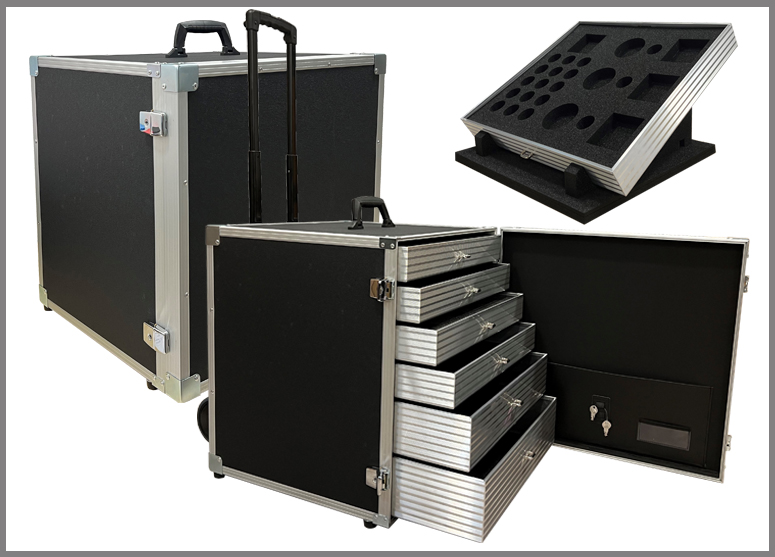 Schubladenkoffer mit Trolley für den täglichen Einsatz als Präsentationskoffer, Produktpräsentation aus dem Koffer heraus
